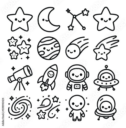 Astronomy linear icon set. featuring stars, moon, constellation, planet, comet, telescope, rocket, astronaut, ufo.
