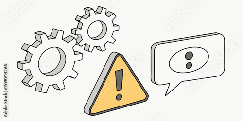 Isometric gears and warning sign illustration for system error message and notification concept design