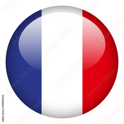 Flag of France in glossy button form on white background. . National flag of France with accurate size and colors. Circle Button Icon Flag. Vector Illustration.