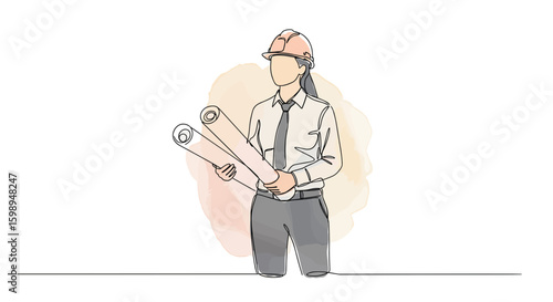 Female architect with blueprint symbolizing construction and urban planning — one line doodle drawing with watercolor fill, minimalistic vector illustration on white background.