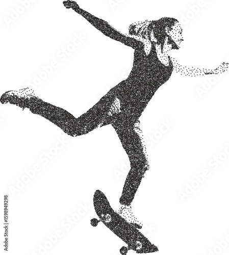 Skateboard vintage y2k stipple art, wheel halftone stipple brutalist retro vector png with transparent background, deck 2000s aesthetic photocopy effect tattoo