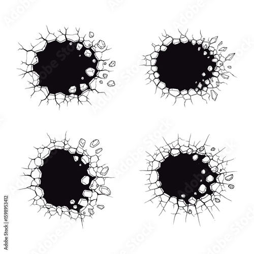 Realistic Cracked Wall Hole Vector Set – Broken Surface Effects for Graphic Design.
