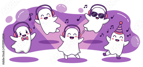 Group of Cute Ghosts Dancing with Headphones