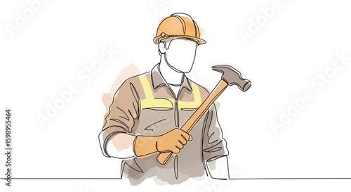 Male Construction Worker in Yellow Helmet with Hammer — one line doodle drawing with watercolor fill, minimalistic vector illustration on white background