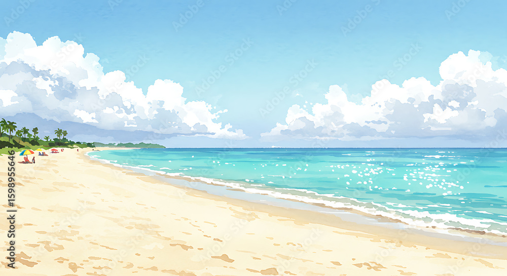 Fototapeta premium Summer watercolor beach scene with soft sand, turquoise water, and bright sun highlights
