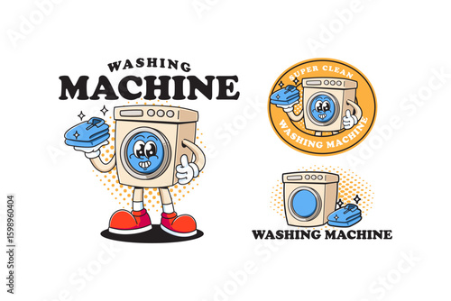 Washing machine retro colorful cartoon mascot illustration with showing thumb up and holding folded clothes. Washing machine character logo for laundry service. Funny appliance illustration.