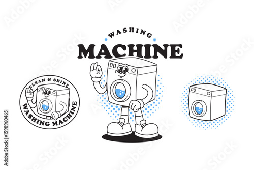 Washing machine cartoon mascot design in outline style with showing ok hand. Funny washing machine character illustration logo set. Laundry service character mascot with washing machine design