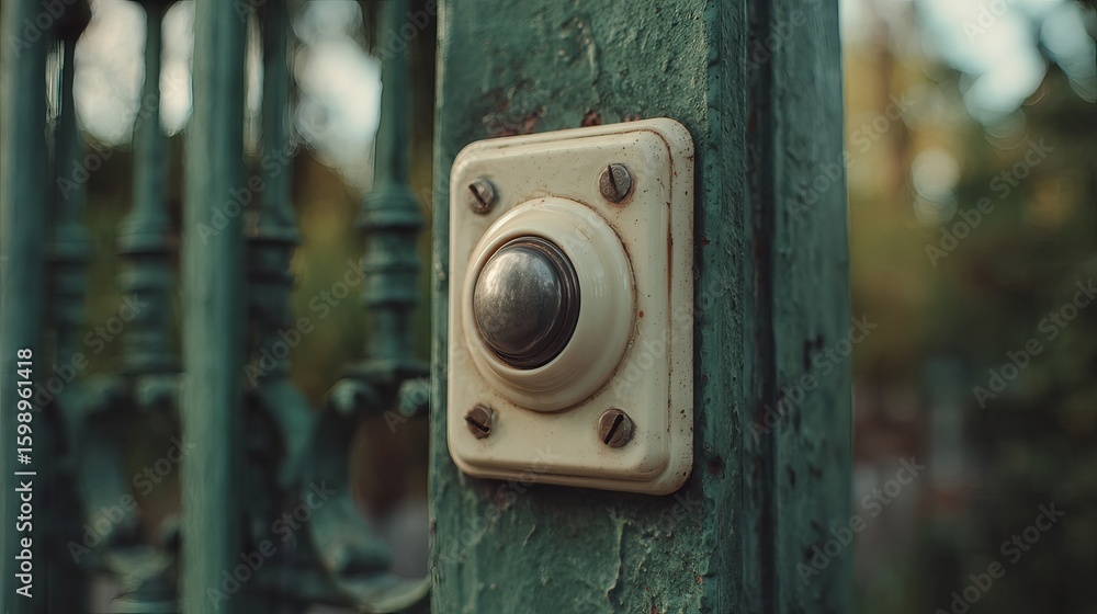 An old-fashioned doorbell button on a weathered green gate, evoking nostalgia and charm. An old-fashioned doorbell button on a weathered green gate, evoking nostalgia and charm.
