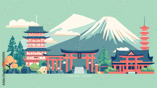 Japanese Culture and Landmark Vector Illustration