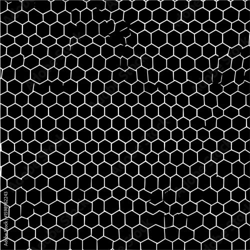 Monochrome background featuring a dense arrangement of white hexagons with some irregularities and breaks