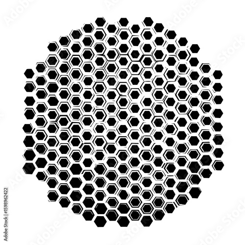 Illustration of a dense arrangement of black hexagons forming a roughly circular shape on a white background