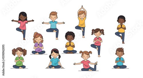 A group of diverse children practicing various yoga poses, including tree pose, lotus position, and prayer hands, against a white background.