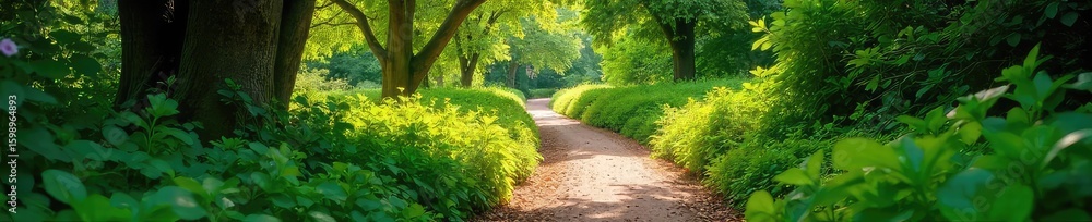 Obraz premium Serene garden pathway meanders through lush greenery, sunlight dappling the leaves Perfect for relaxation and tranquility themes Ideal for websites, blogs, and publications , natural, leaves