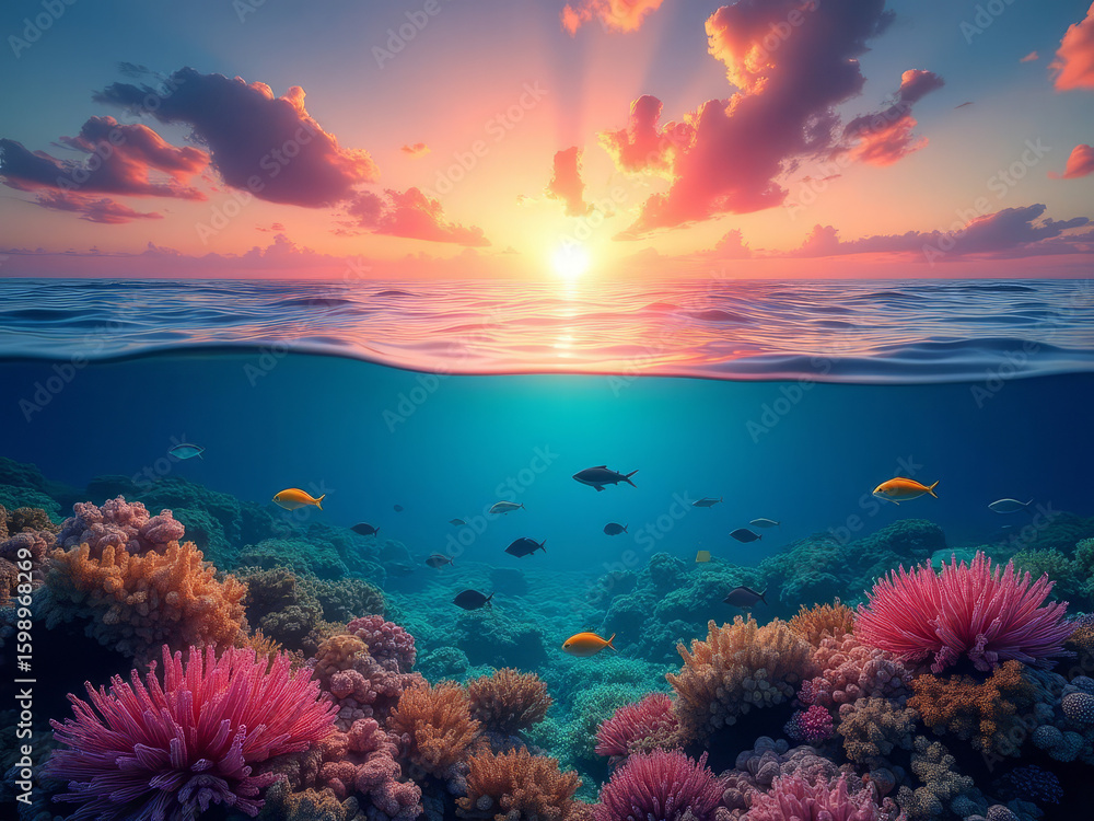 Fototapeta premium Coucher de soleil sur un récif corallien aux eaux cristallines 