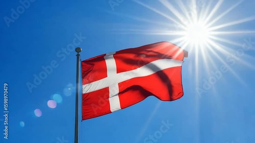 Wallpaper Mural Denmark national flag waving under clear blue sky with sunshine Danish patriotic symbol motion footage Torontodigital.ca
