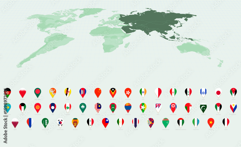 Fototapeta premium Stylish Vertical Pin Icons Showcasing Asian Country Flags.