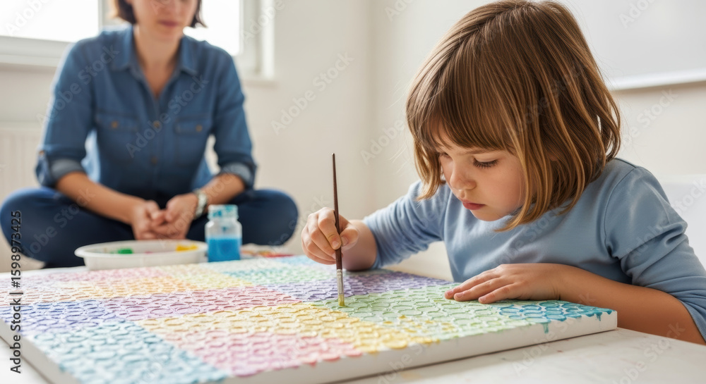 A young girl painting a patterned canvas with her mother watching in the background in a bright room A young girl painting a patterned canvas with her mother watching in the background in a bright room