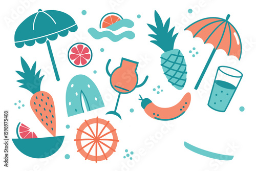 Summery vector illustration with bright colors and fun holiday symbols
