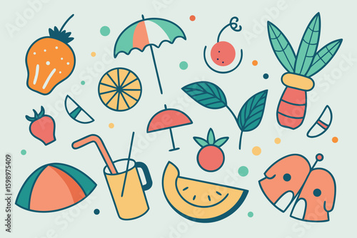 Summery vector illustration with bright colors and fun holiday symbols