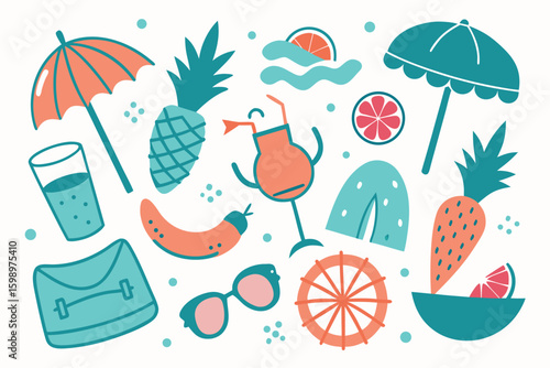 Summery vector illustration with bright colors and fun holiday symbols