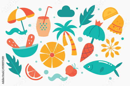 Summery vector illustration with bright colors and fun holiday symbols