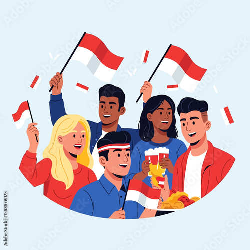 A cheerful diverse group of young people celebrating together waving red and white Indonesian flags and enjoying snacks and drinks. Vector Illustrations. EPS Editable