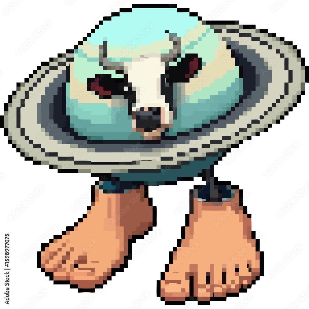 Fototapeta premium Anomali Italian Brainrot. Bizarre pixel art creature with a Saturn head cow face and human feet. Vector Illustrations. EPS Editable