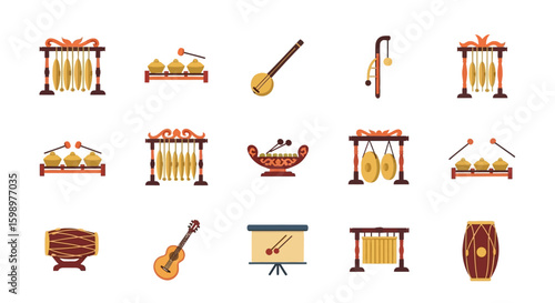 A vibrant collection of traditional Indonesian Gamelan musical instruments illustrated in a flat colorful vector style. Vector Illustrations. EPS Editable