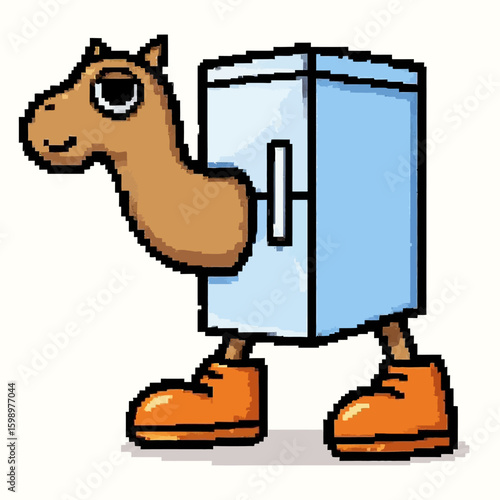 Anomali Italian Brainrot. A whimsical pixel art character of a camelrefrigerator hybrid wearing large orange boots. Vector Illustrations. EPS Editable