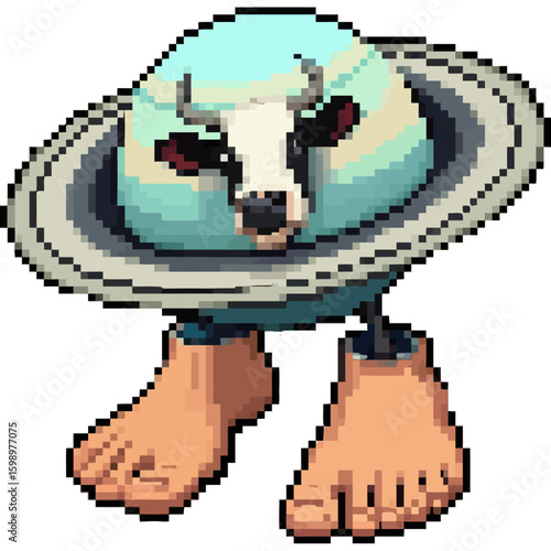 Anomali Italian Brainrot. Bizarre pixel art creature with a Saturn head cow face and human feet. Vector Illustrations. EPS Editable