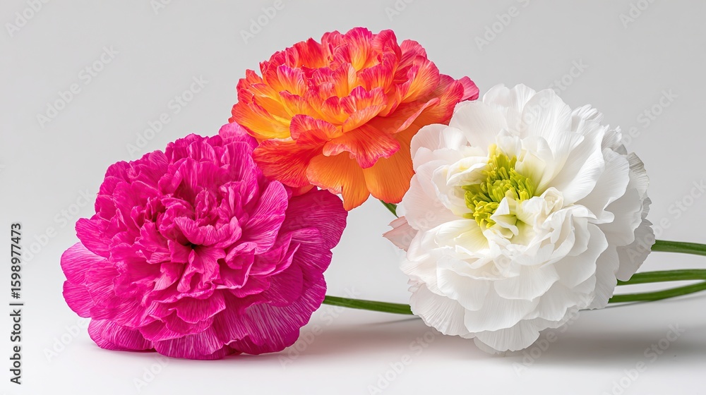Three vibrant ranunculus blossoms?fuchsia, orange-coral, and pristine white?rest on a neutral backdrop, their layered petals creating a textural contrast. Stems subtly visible Three vibrant ranunculus blossoms?fuchsia, orange-coral, and pristine white?rest on a neutral backdrop, their layered petals creating a textural contrast. Stems subtly visible