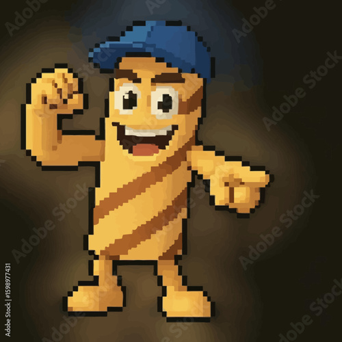 Energetic pixel art food mascot with brown stripes and a blue cap smiling and pointing forward. Vector Illustrations. EPS Editable