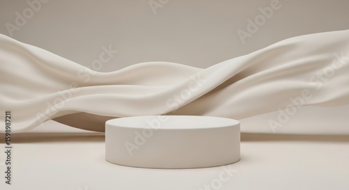 Minimalist beige cylindrical podium display with flowing elegant cream fabric draped behind for product presentation