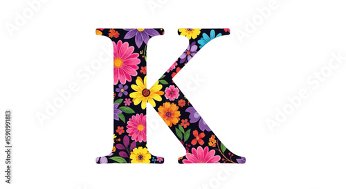 Vector floral letter k design, decorative initial k with colorful flowers, botanical k illustration, flower pattern alphabet