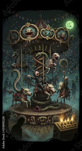Wallpaper Mural A darkly whimsical, gothic fairytale-style illustration of  a haunted carnival at midnight.  monstrous carousel of disturbing creatures: wolves, skeletal snakes, and eyeless humanoids, surreal Torontodigital.ca