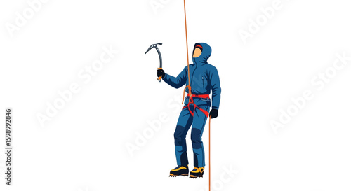 Illustration of mountaineer climbing with rope and axe
