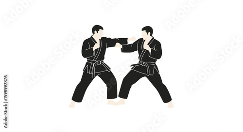 Illustration of two martial artists sparring in uniform

