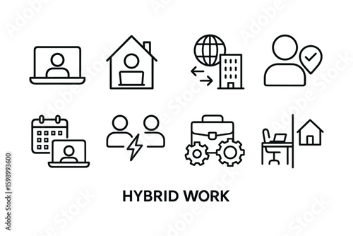 Icons depicting hybrid work concept with remote and office integration