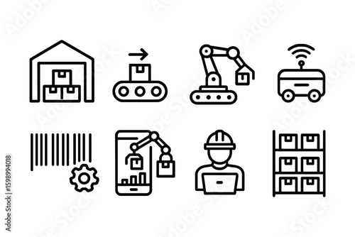 Warehouse automation icons with robotics, barcode, and inventory management symbols