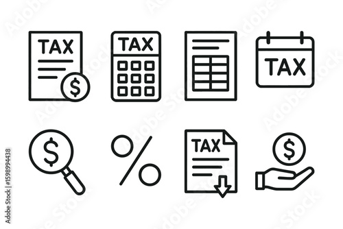 Tax icons collection: forms, calculators, deadlines, savings and more