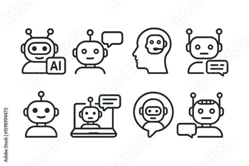 Minimalist ai robot icons set with speech bubbles and chat interfaces