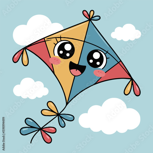 A colorful cartoon kite with big eyes and a smiling face flying in a blue sky with white clouds