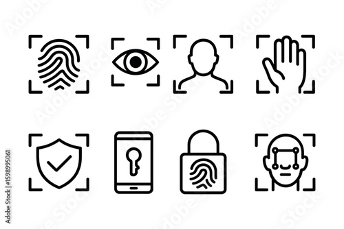 Biometric security icons including fingerprint and facial recognition