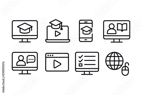 Online education icons set featuring computers and mobile devices