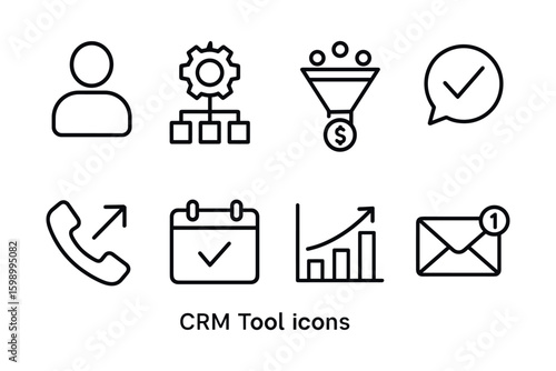 Set of crm tool icons including chat, phone, and more