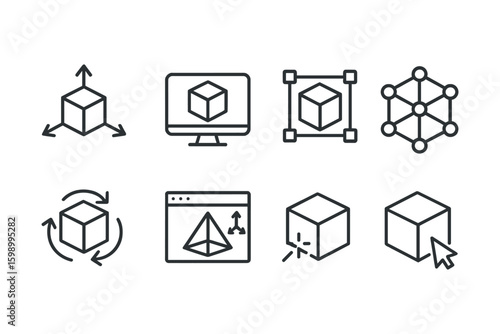 Icons representing 3d modeling and design with geometric shapes
