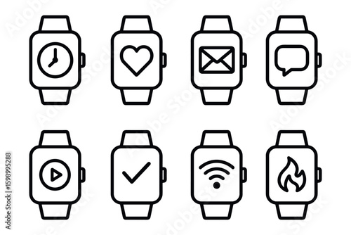 Set of smart watch app icons featuring heart, clock, message, and more