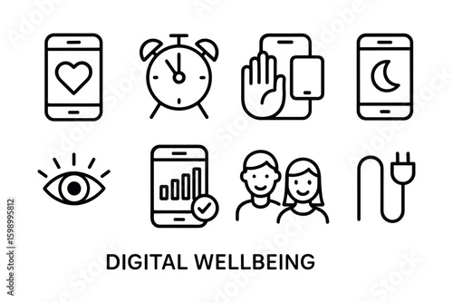 Digital wellbeing icons: balance, health, usage tracking, family time, offline mode