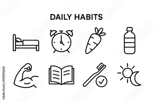 Icons representing daily habits including fitness and health routines