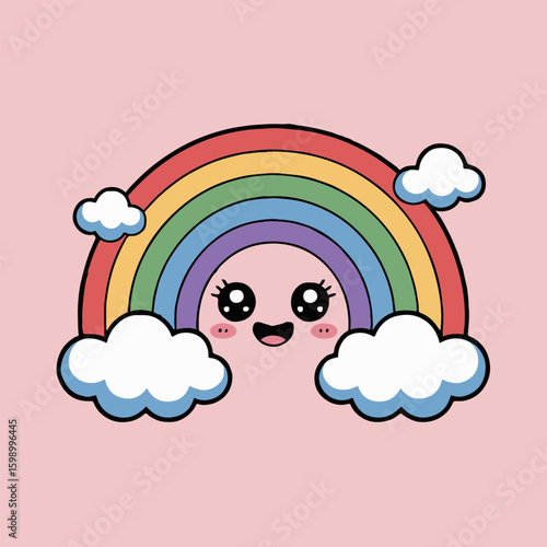 A cute rainbow character with big eyes surrounded by fluffy clouds on a pink background
